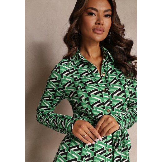 Zielona Koszulowa Sukienka Maxi z Geometrycznym Wzorem i Paskiem Axelena Renee S promocyjna cena Renee odzież