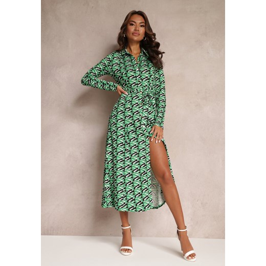 Zielona Koszulowa Sukienka Maxi z Geometrycznym Wzorem i Paskiem Axelena Renee L wyprzedaż Renee odzież