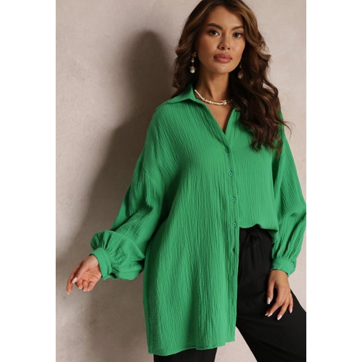 Zielona Bawełniana Koszula Oversize z Przedłużonym Tyłem Gelacia ze sklepu Renee odzież w kategorii Koszule damskie - zdjęcie 157091981