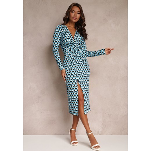 Niebieska Sukienka Dopasowana z Kopertowym Dekoltem i Geometrycznym Wzorem Nohea ze sklepu Renee odzież w kategorii Sukienki - zdjęcie 157092284