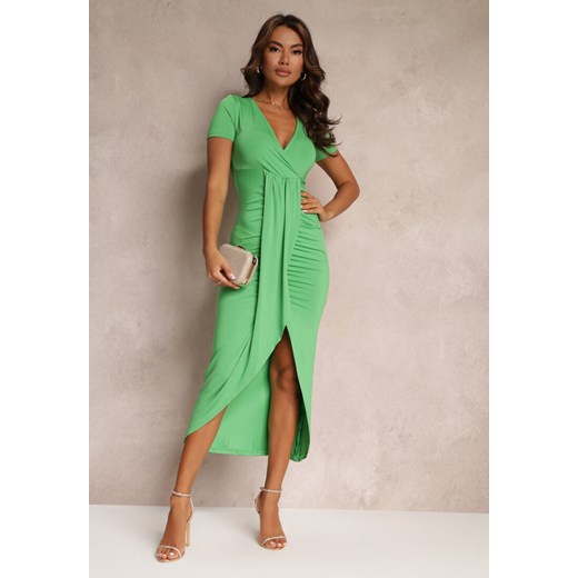 Zielona Sukienka o Asymetrycznym Kroju z Marszczeniami i Kopertowym Dekoltem Raira ze sklepu Renee odzież w kategorii Sukienki - zdjęcie 157092682