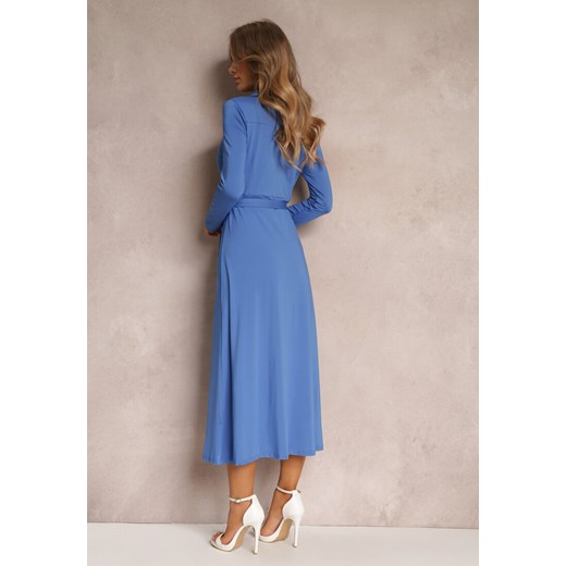 Niebieska Długa Sukienka Koszulowa z Wiązaniem w Talii Levae Renee S wyprzedaż Renee odzież