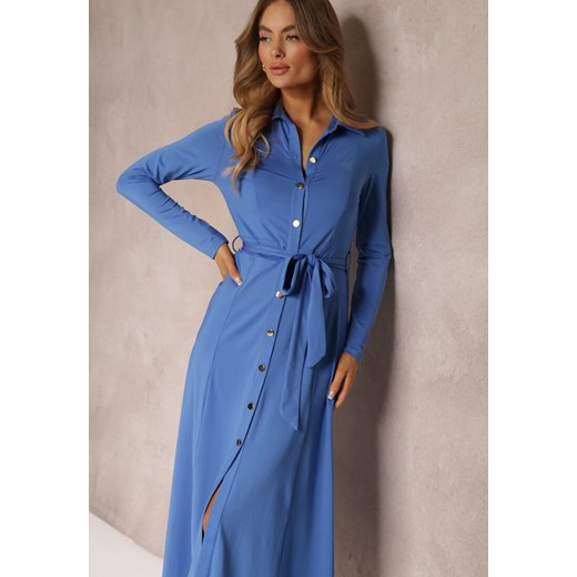 Niebieska Długa Sukienka Koszulowa z Wiązaniem w Talii Levae Renee M wyprzedaż Renee odzież
