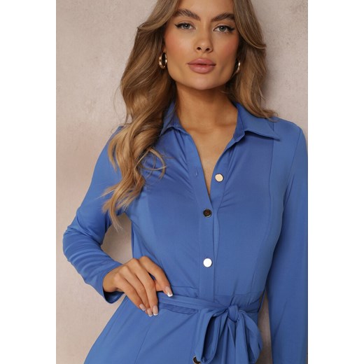 Niebieska Długa Sukienka Koszulowa z Wiązaniem w Talii Levae Renee L Renee odzież okazyjna cena