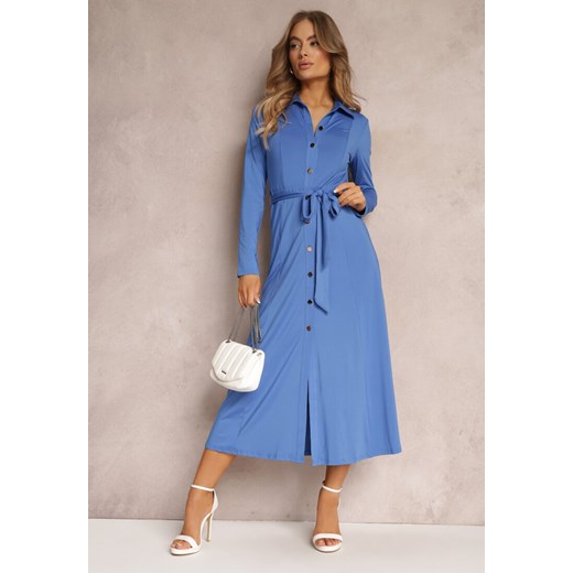 Niebieska Długa Sukienka Koszulowa z Wiązaniem w Talii Levae ze sklepu Renee odzież w kategorii Sukienki - zdjęcie 157092893