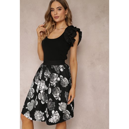 Czarna Spódnica Midi z Printem w Róże i Gumką w Pasie Melena ze sklepu Renee odzież w kategorii Spódnice - zdjęcie 157093554