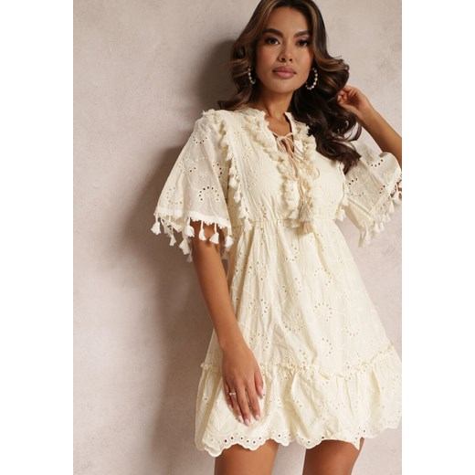 Beżowa Bawełniana Sukienka Boho z Haftem i Sznureczkami Ladora Renee M okazyjna cena Renee odzież
