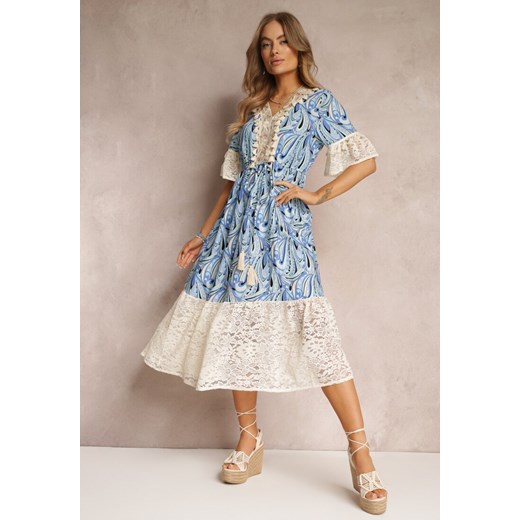Niebieska Sukienka Maxi z Gumką w Pasie i Koronkowymi Wstawkami Tretine ze sklepu Renee odzież w kategorii Sukienki - zdjęcie 157093684