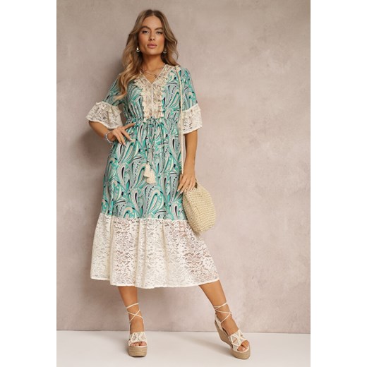 Zielona Sukienka Maxi z Gumką w Pasie i Koronkowymi Wstawkami Tretine ze sklepu Renee odzież w kategorii Sukienki - zdjęcie 157093694