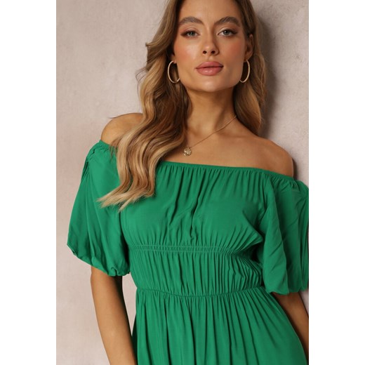 Zielona Sukienka Midi Hiszpanka z Wiskozy z Odkrytymi Ramionami i Gumką w Talii Renee S promocyjna cena Renee odzież