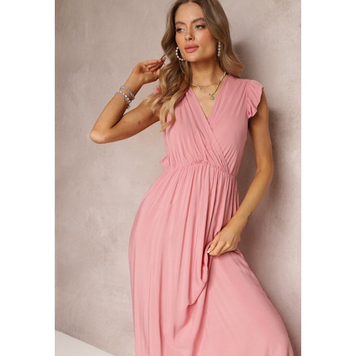 Sukienka Renee różowa z dekoltem v maxi elegancka