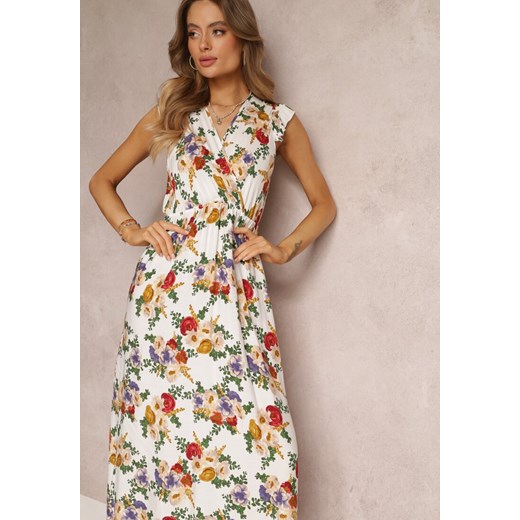 Biała Wiskozowa Sukienka Maxi z Gumką w Talii i Kopertowym Dekoltem Tresima Renee S promocyjna cena Renee odzież