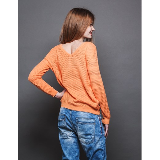 Ażurowy sweter dekolt w szpic na... factoryprice-pl pomaranczowy bawełna