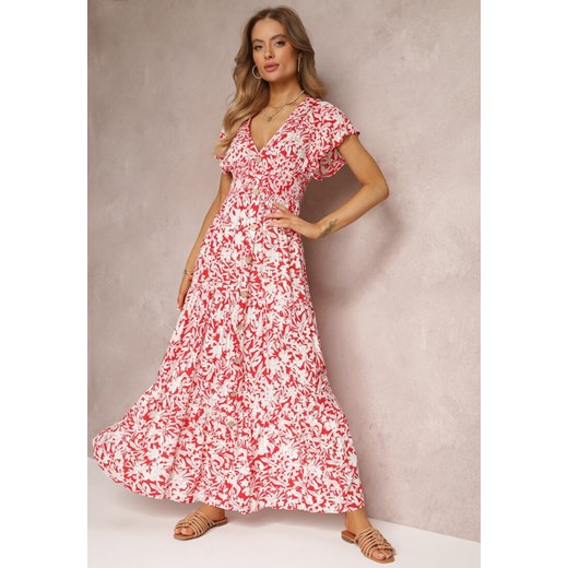 Czerwono-Biała Wiskozowa Sukienka Maxi z Gumką w Talii i Falbankami Maethia ze sklepu Renee odzież w kategorii Sukienki - zdjęcie 157095244