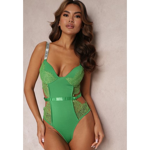 Zielone Body Zdobione Wycięciami i Koronką Calarine ze sklepu Renee odzież w kategorii Body damskie - zdjęcie 157095422