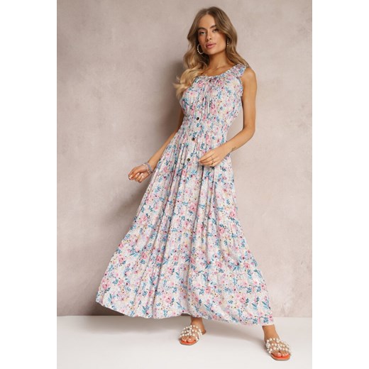 Jasnoniebieska Sukienka Maxi w Kwiaty z Gumką w Talii Vivienis ze sklepu Renee odzież w kategorii Sukienki - zdjęcie 157095492