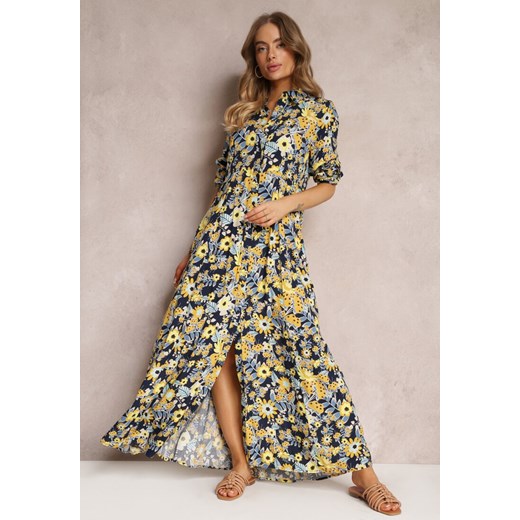 Granatowo-Żółta Koszulowa Sukienka Maxi z Podpinanymi Rękawami w Kwiatowy Wzór c ze sklepu Renee odzież w kategorii Sukienki - zdjęcie 157095622