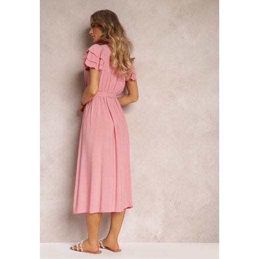 Różowa Wiskozowa Sukienka Midi z Gumką w Talii i Falbankami Nenora Renee S Renee odzież okazyjna cena