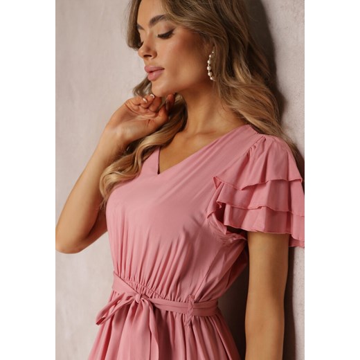 Różowa Wiskozowa Sukienka Midi z Gumką w Talii i Falbankami Nenora Renee M okazja Renee odzież