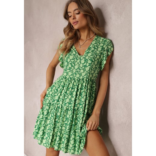 Zielona Rozkloszowana Sukienka z Wiskozy z Falbankami Tuls ze sklepu Renee odzież w kategorii Sukienki - zdjęcie 157095980