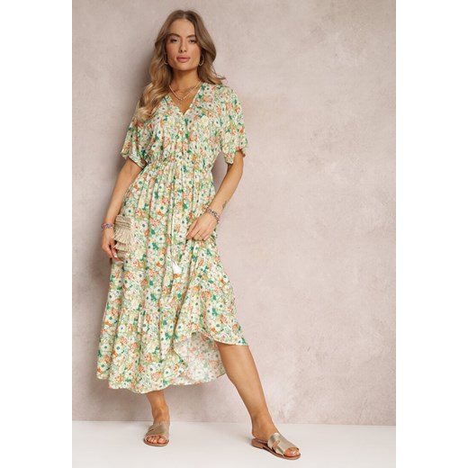 Jasnozielona Sukienka z Gumką w Talii z Wiskozy w Kwiatowy Wzór Cace ze sklepu Renee odzież w kategorii Sukienki - zdjęcie 157097754