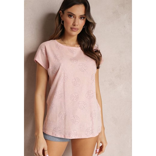 Różowy T-shirt z Nadrukiem w Listki Monstery z Cyrkoniami Moraia Renee M promocyjna cena Renee odzież
