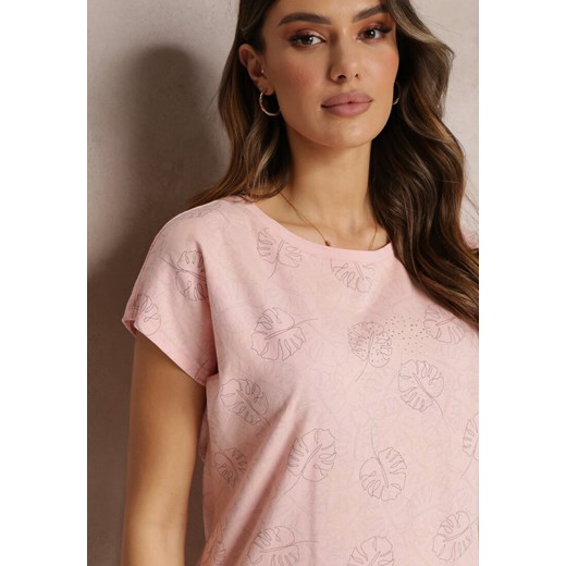 Różowy T-shirt z Nadrukiem w Listki Monstery z Cyrkoniami Moraia Renee M Renee odzież okazja