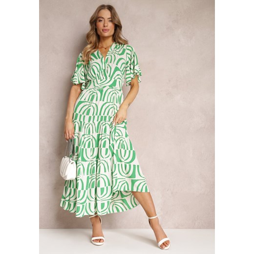 Zielono-Beżowa Sukienka Maxi z Wiskozy z Odkrytymi Plecami i Falbankami Jayliana ze sklepu Renee odzież w kategorii Sukienki - zdjęcie 157098013