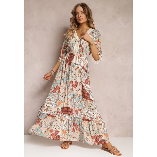 Beżowo-Miętowa Sukienka Maxi z Gumką w Talii i Frędzelkami Gemava ze sklepu Renee odzież w kategorii Sukienki - zdjęcie 157098263