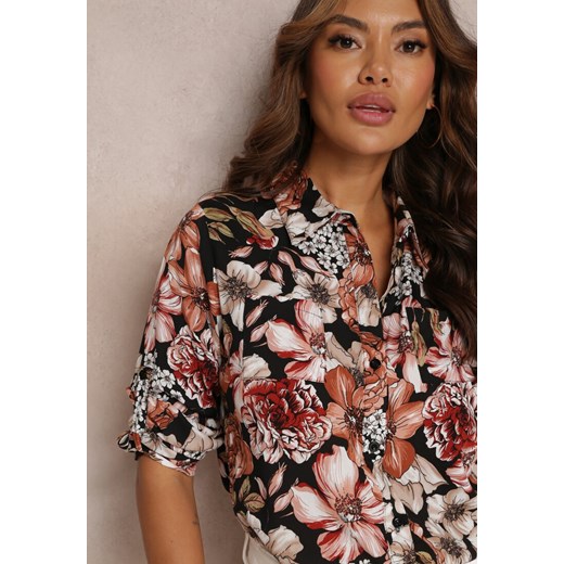 Czarna Koszula z Podpinanymi Rękawami w Kwiaty z Wiskozy Roxie Renee XL Renee odzież promocyjna cena