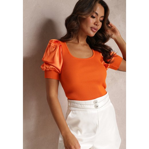 Pomarańczowa Prążkowana Bluzka z Satynowymi Rękawami Thinih ze sklepu Renee odzież w kategorii Bluzki damskie - zdjęcie 157099271