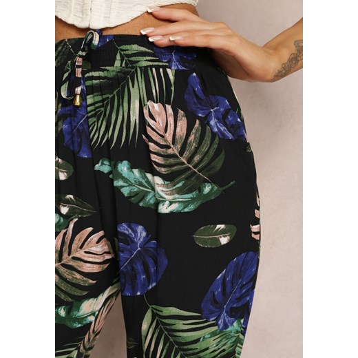 Czarne Szerokie Spodnie w Kwiaty z Gumką w Talii z Wiskozy Zasine Renee S promocja Renee odzież