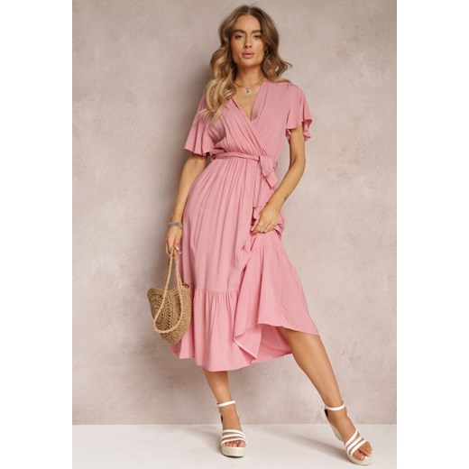 Różowa Rozkloszowana Sukienka z Kopertowym Dekoltem i Wiązanym Paskiem Elanor ze sklepu Renee odzież w kategorii Sukienki - zdjęcie 157100501