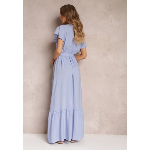 Niebieska Rozkloszowana Sukienka Maxi z Gumką w Talii i Falbankami Tracia Renee L Renee odzież wyprzedaż
