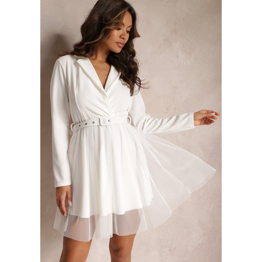 Biała Sukienka z Kopertowym Dekoltem i Tiulowym Dołem z Paskiem Kailana ze sklepu Renee odzież w kategorii Sukienki - zdjęcie 157100703