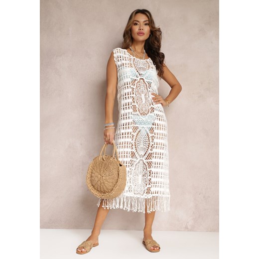Biała Plażowa Sukienka Szydełkowa z Frędzlami Thoument ze sklepu Renee odzież w kategorii Odzież plażowa - zdjęcie 157101332