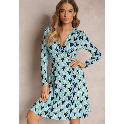 Niebieska Rozkloszowana Sukienka z Długim Rękawem i Geometrycznym Nadrukiem Springpeace ze sklepu Renee odzież w kategorii Sukienki - zdjęcie 157101472