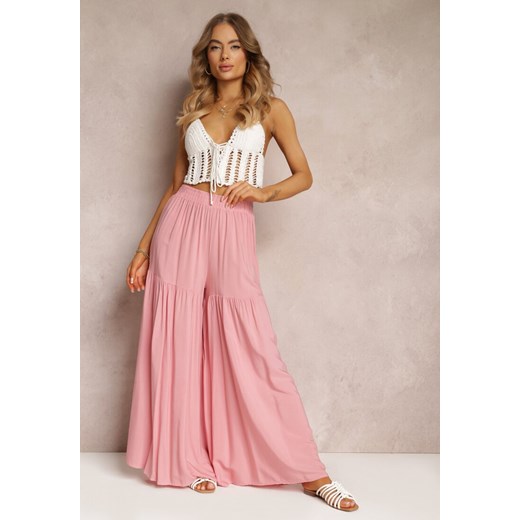 Różowe Szerokie Spodnie z Gumką w Talii Kucille ze sklepu Renee odzież w kategorii Spodnie damskie - zdjęcie 157101873
