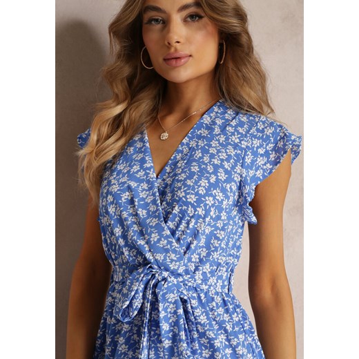 Niebieska Asymetryczna Sukienka Midi w Kwiaty z Falbanką Narexis Renee S okazyjna cena Renee odzież
