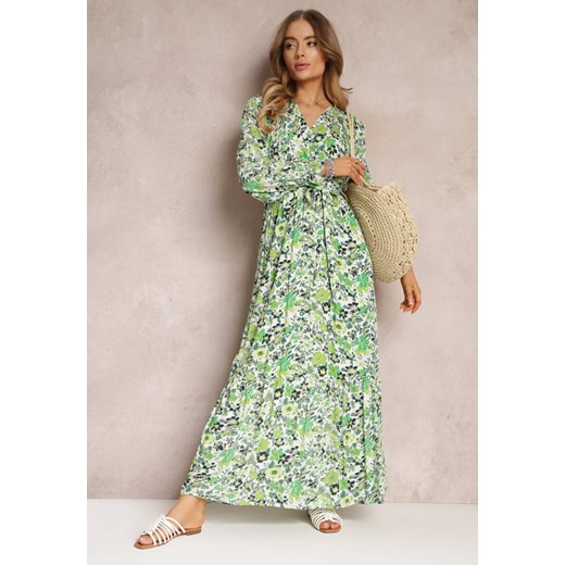Zielona Wiskozowa Sukienka Maxi w Kwiaty z Gumką w Pasie i Kopertowym Dekoltem Elinne ze sklepu Renee odzież w kategorii Sukienki - zdjęcie 157102432