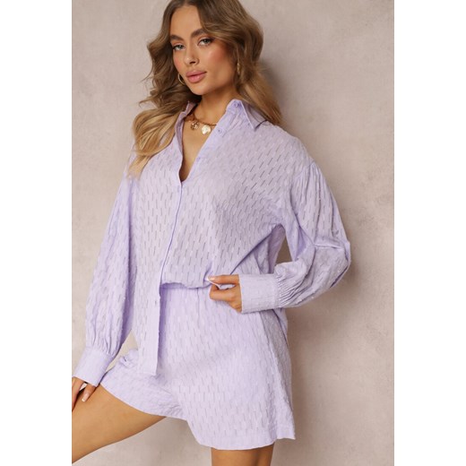 Fioletowa Wzorzysta Koszula z Bawełny z Guzikami Merdi ze sklepu Renee odzież w kategorii Koszule damskie - zdjęcie 157102531