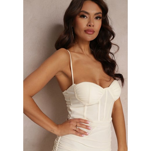 Sukienka beżowa Renee na ramiączkach mini w serek elegancka