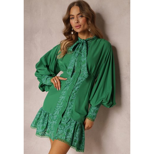 Zielona Rozkloszowana Sukienka Mini z Szerokimi Rękawami i Wiązaniem przy Dekolcie Pesy ze sklepu Renee odzież w kategorii Sukienki - zdjęcie 157103764