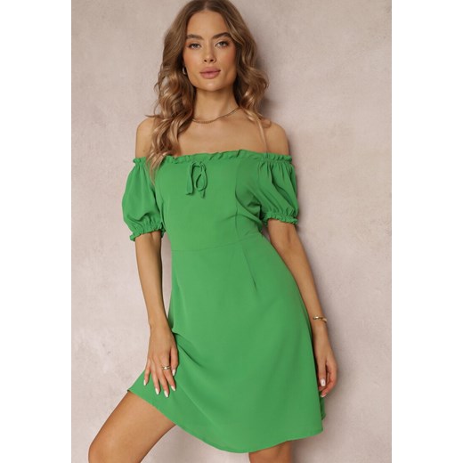Zielona Rozkloszowana Sukienka Mini z Hiszpańskim Dekoltem i Krótkim Rękawem Misk ze sklepu Renee odzież w kategorii Sukienki - zdjęcie 157104224