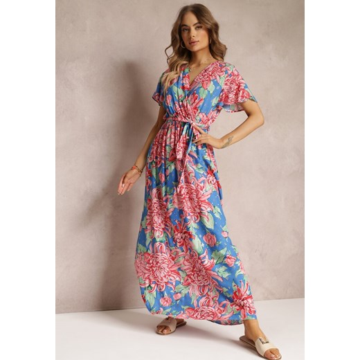 Niebiesko-Różowa Wiskozowa Sukienka Maxi z Kopertowym Dekoltem z Gumką w Talii Lynette ze sklepu Renee odzież w kategorii Sukienki - zdjęcie 157104684