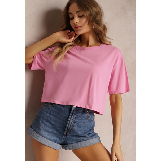 Różowy T-shirt o Fasonie Cropped Oversize Brighta ze sklepu Renee odzież w kategorii Bluzki damskie - zdjęcie 157105584