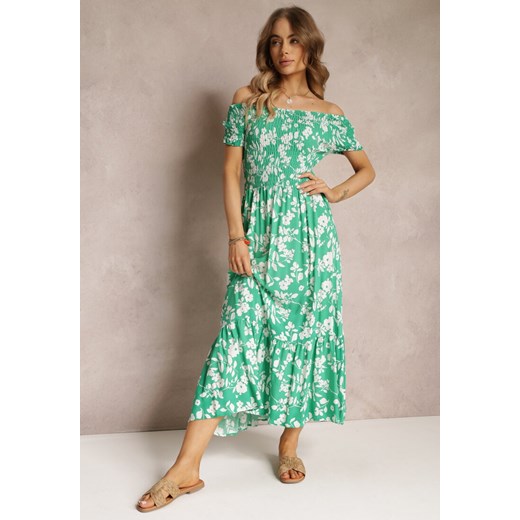 Zielona Rozkloszowana Sukienka Maxi z Hiszpańskim Dekoltem w Kwiaty Zevana ze sklepu Renee odzież w kategorii Sukienki - zdjęcie 157105904
