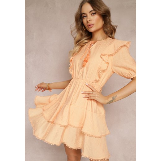 Pomarańczowa Sukienka Mini z Gumką w Pasie i Falbankami Makenza ze sklepu Renee odzież w kategorii Sukienki - zdjęcie 157106170