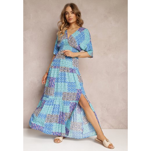 Niebieska Sukienka Maxi z Krótkim Rękawem i Gumkami w Talii z Wiskozy Aveda ze sklepu Renee odzież w kategorii Sukienki - zdjęcie 157106210