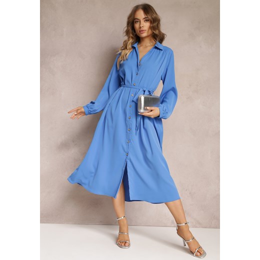 Niebieska Koszulowa Sukienka Midi z Materiałowym Paskiem i Rozszerzanym Dołem Chamara ze sklepu Renee odzież w kategorii Sukienki - zdjęcie 157106623